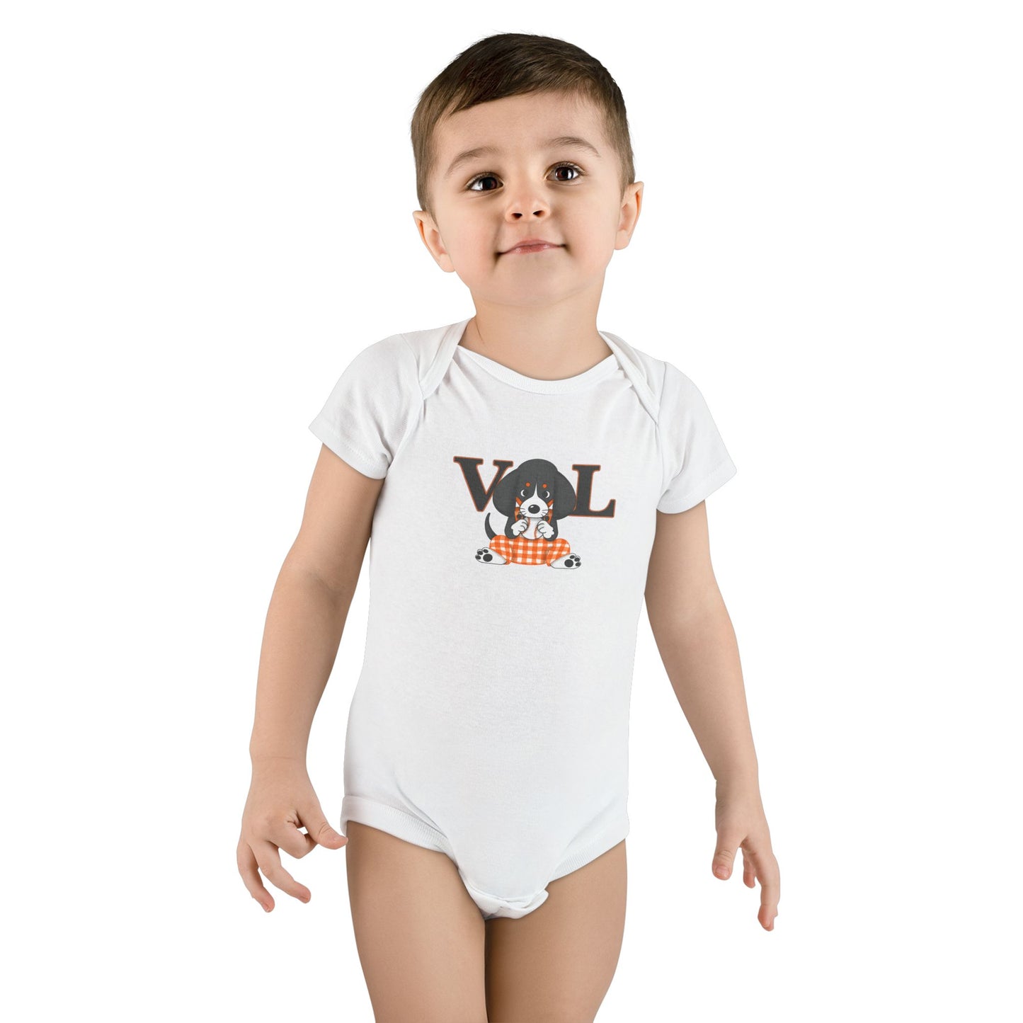 Onesie® Organic Baby Bodysuit with lil Smokey Chewing on a Baseball
