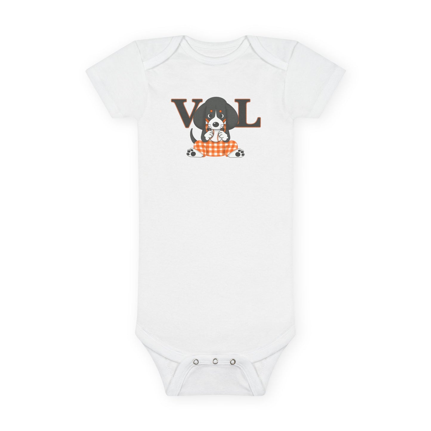 Onesie® Organic Baby Bodysuit with lil Smokey Chewing on a Baseball