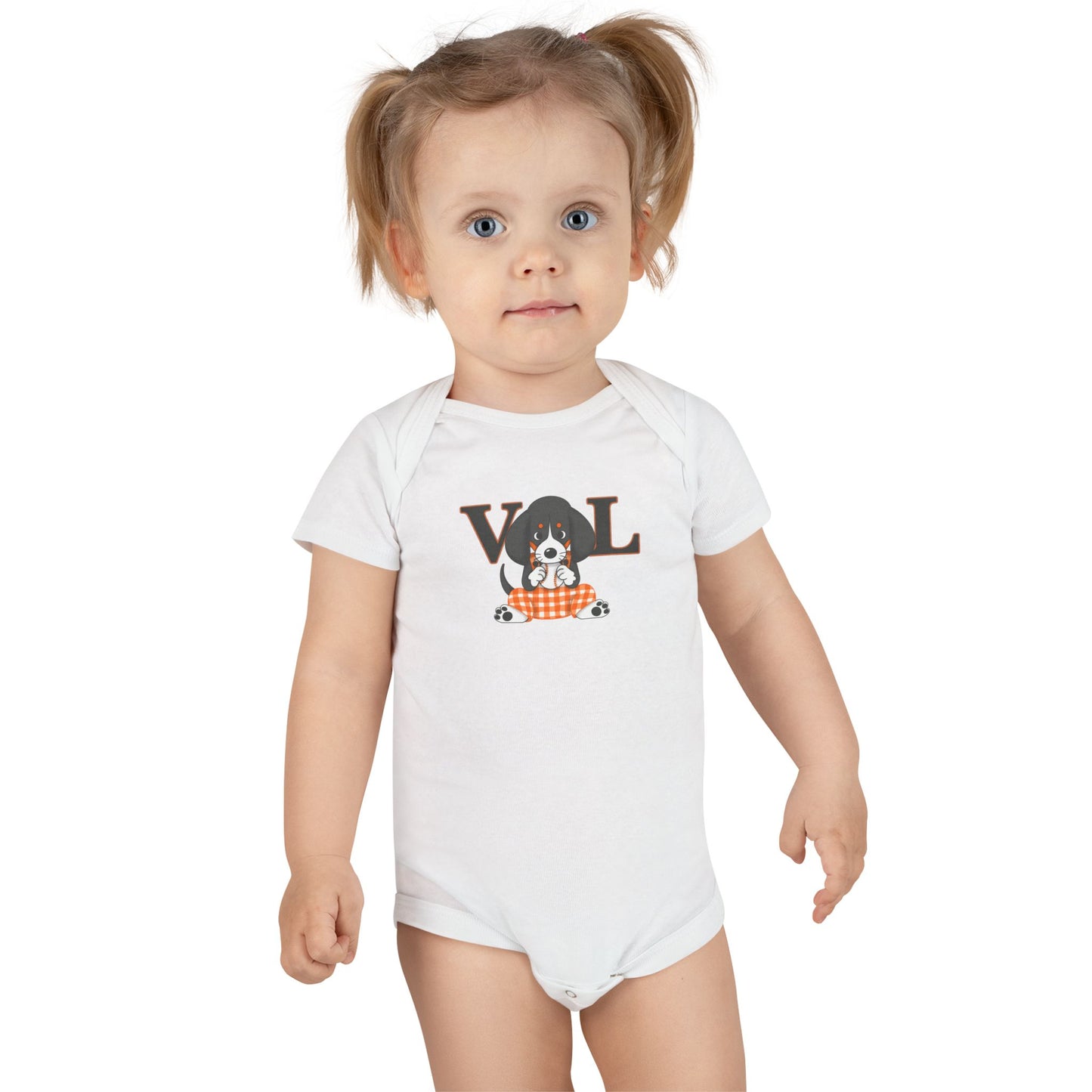 Onesie® Organic Baby Bodysuit with lil Smokey Chewing on a Baseball